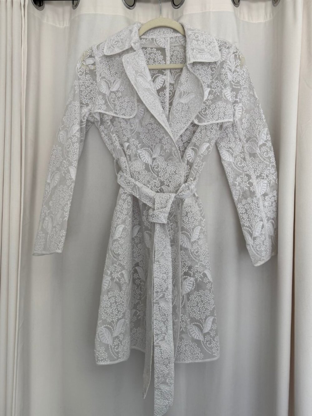 Blumarine White Floral Embroidered Sheer Lace Trench Coat Belted Made in Italy
